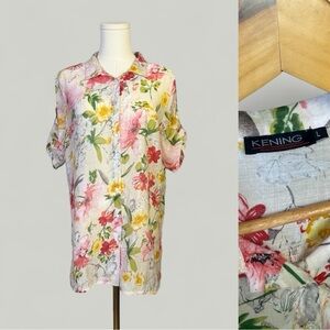 KENING Top Women Size Large Floral Prints Button Up Short Sleeves Sheer Cotton